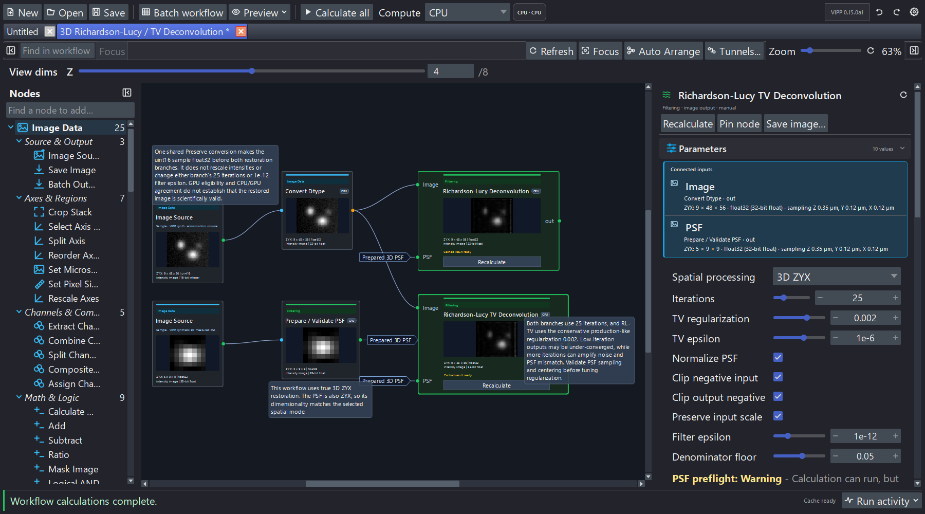 VIPP workspace with a calculated 3D deconvolution workflow