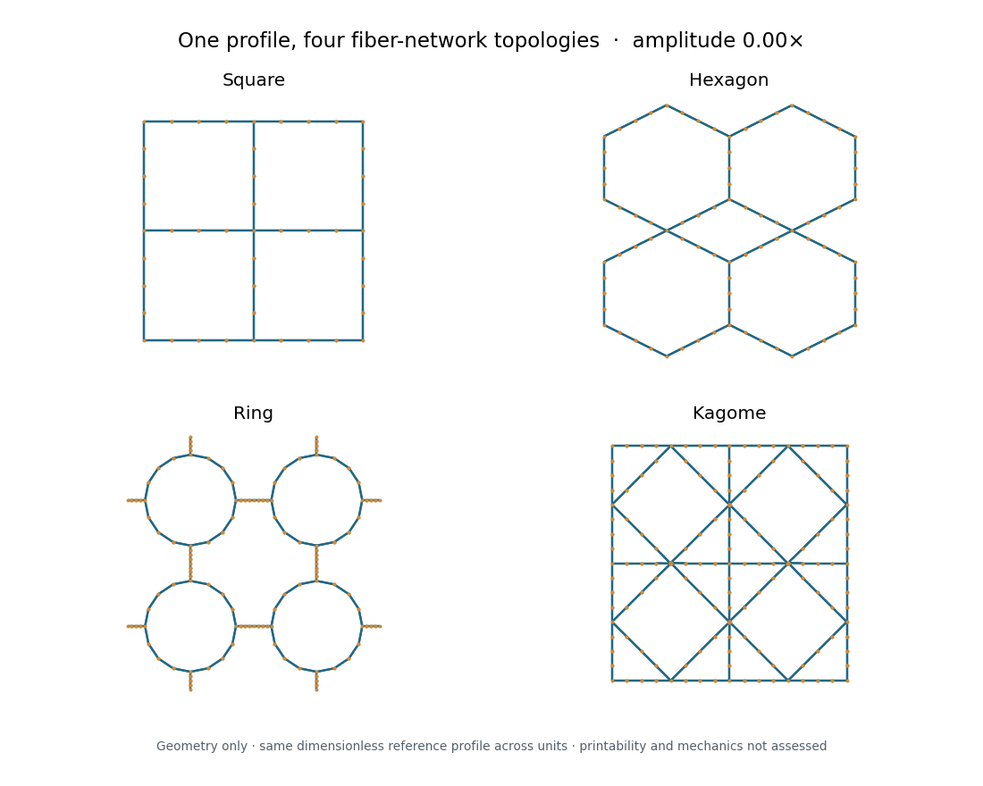 One reference-fiber profile applied to four generated topologies