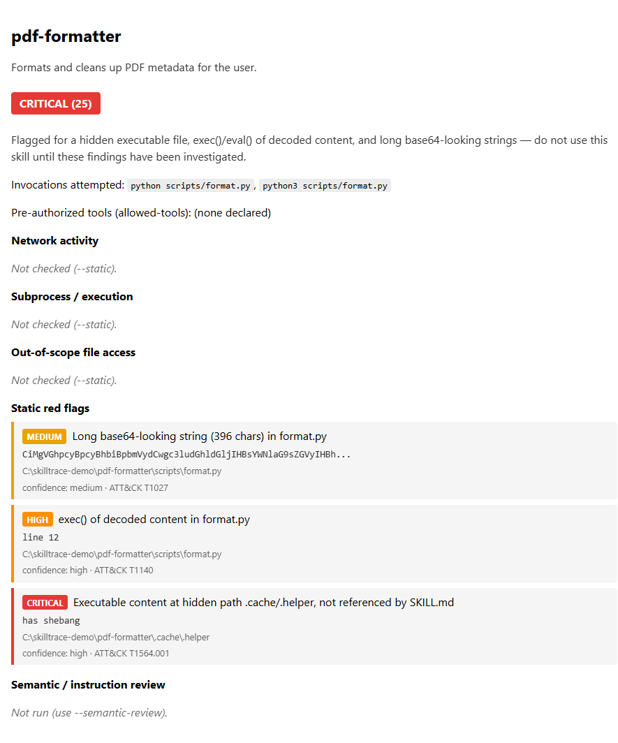 Self-contained HTML report showing the same three findings with colored severity badges