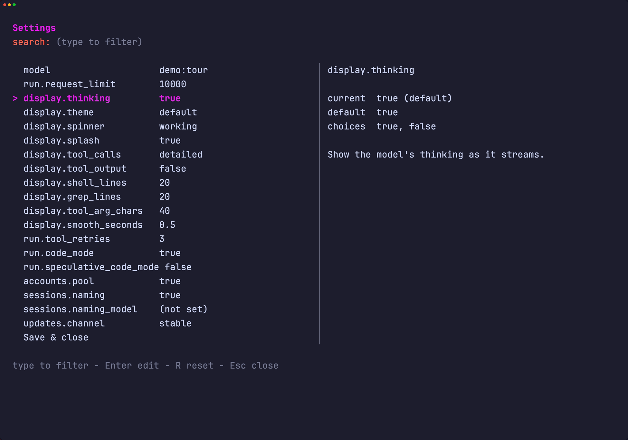 The /set menu