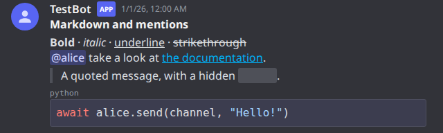Formatted message with mention, link, concealed spoiler, quote and highlighted Python code