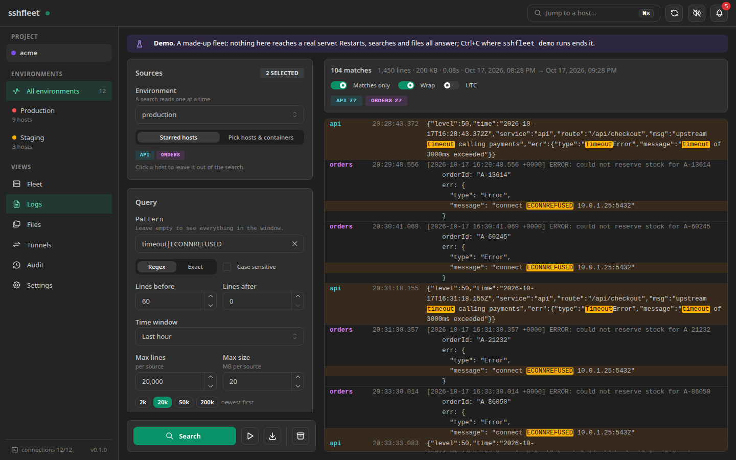A search for timeout|ECONNREFUSED across the main services: matches highlighted, one timeline