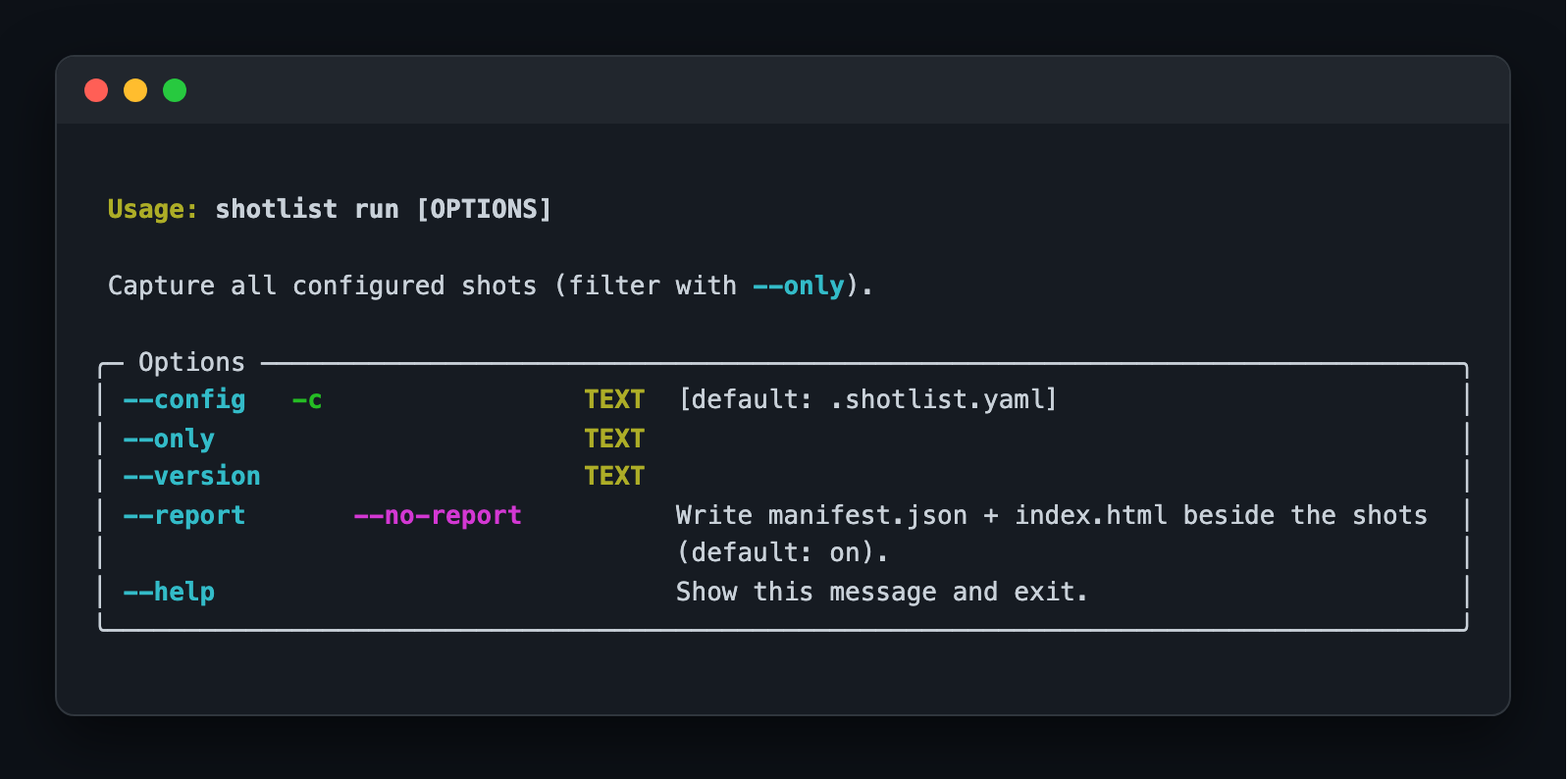 capture run options: --config, --only, and --version