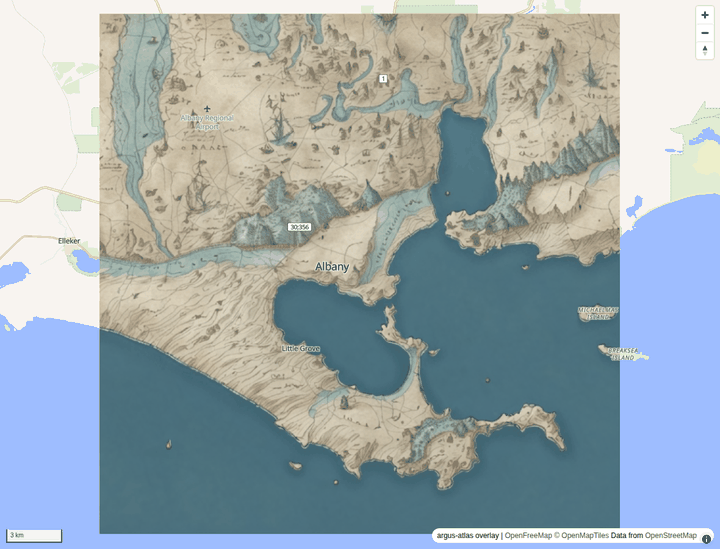 The overlay fading from the painted map to the real basemap and back: coastline and harbours stay put