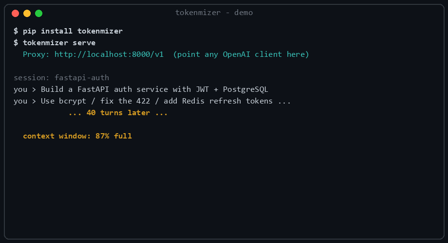 TokenMizer demo: 40-turn session checkpointed at 87% context, resumed next day in 233 tokens