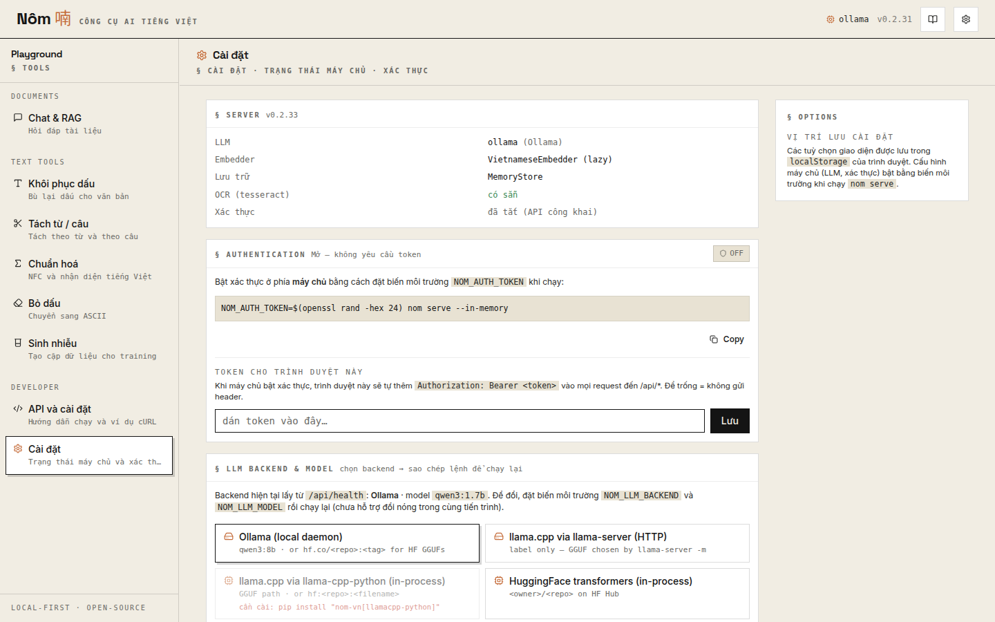 Settings page