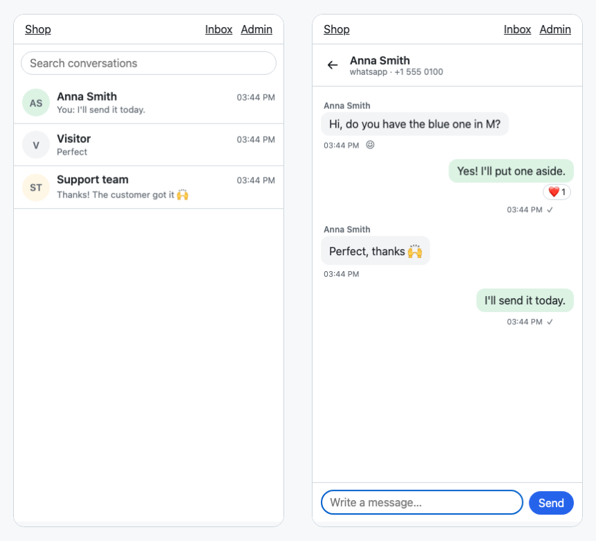 The inbox on a phone: the list, and a conversation