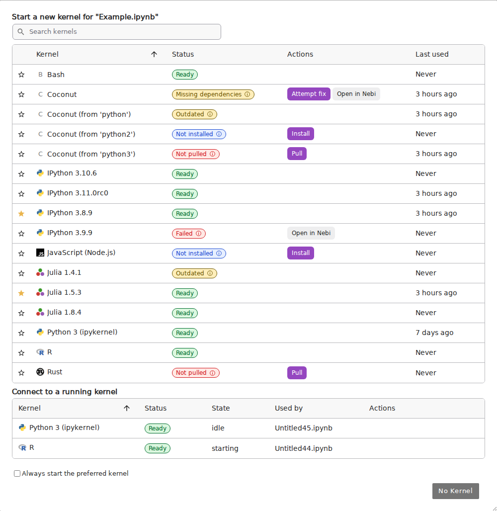 kernel selection dialog with Nebi