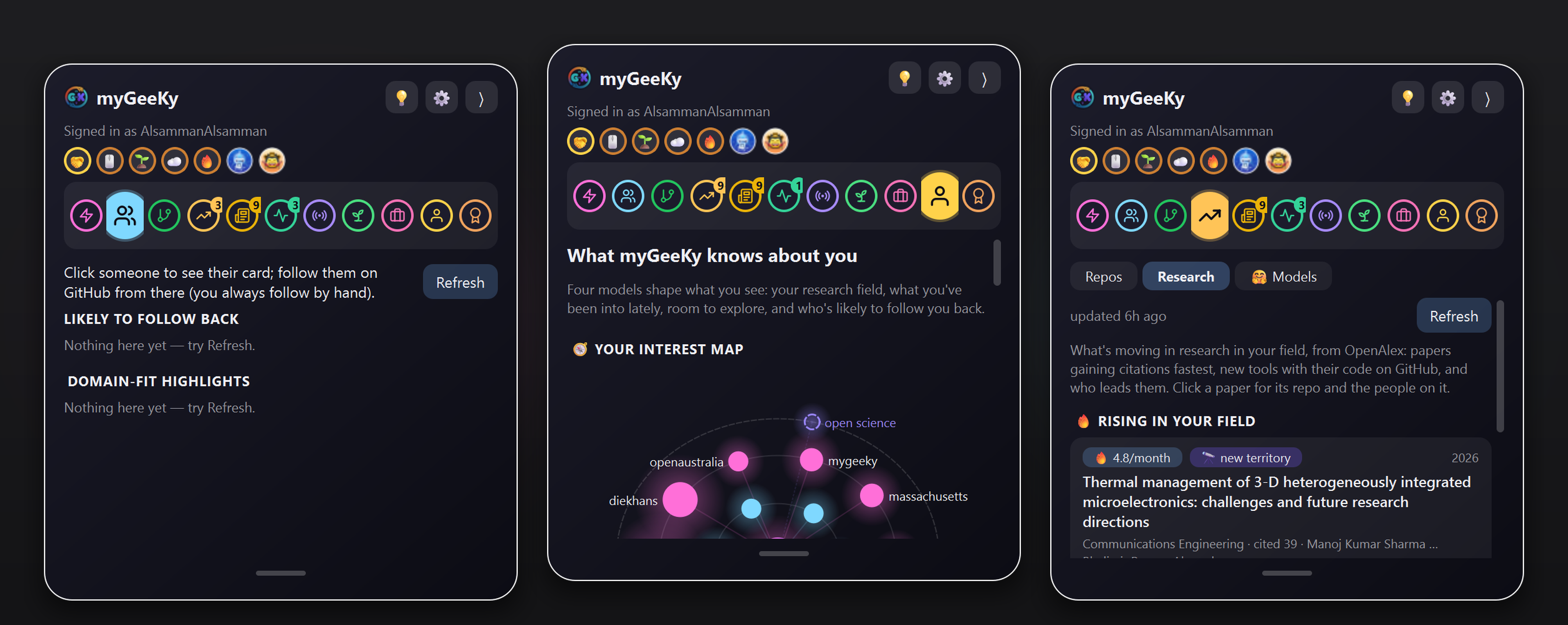 The myGeeKy panel's Live, Suggestions and Repos tabs, side by side