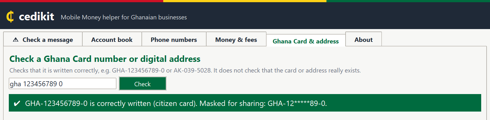 A Ghana Card number checked and masked