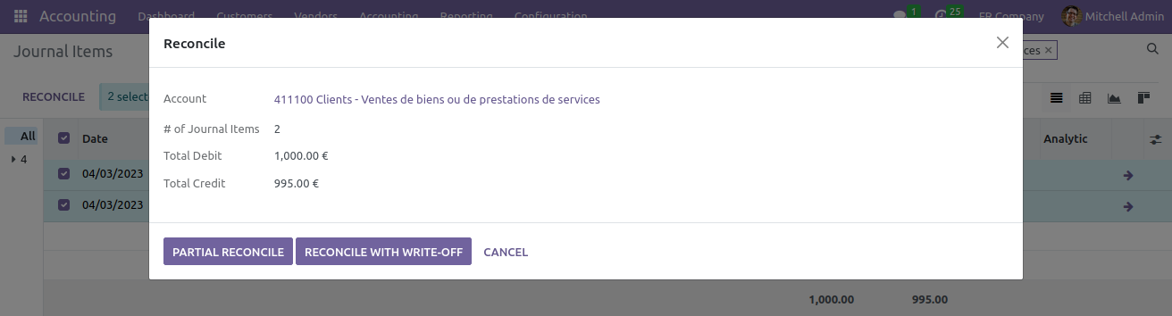 Choose between partial reconciliation and full reconciliation with a write-off