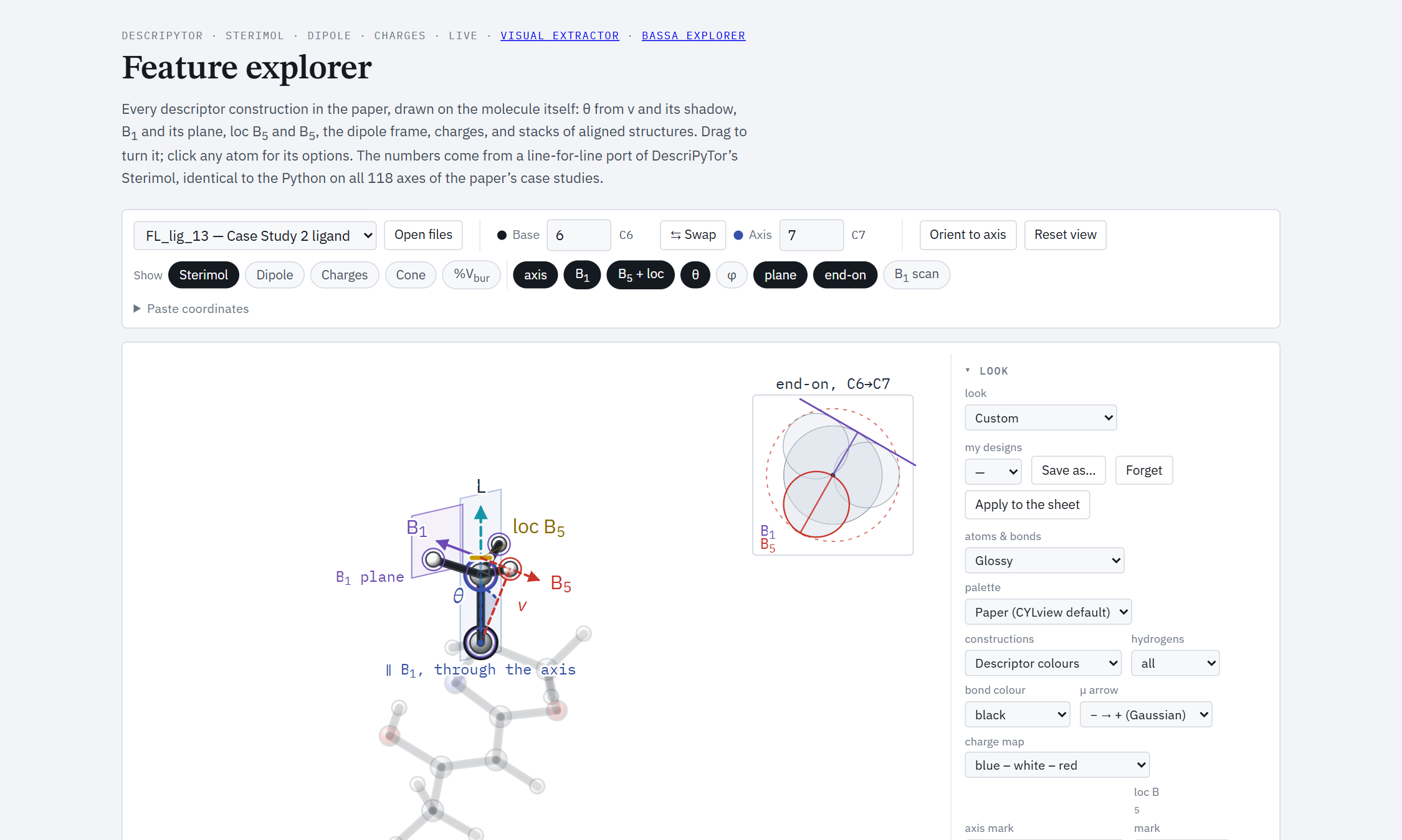 The feature explorer showing the theta construction on a ligand: the Sterimol axis, the B1 plane, B5 and the angle between them, with the controls on the right.