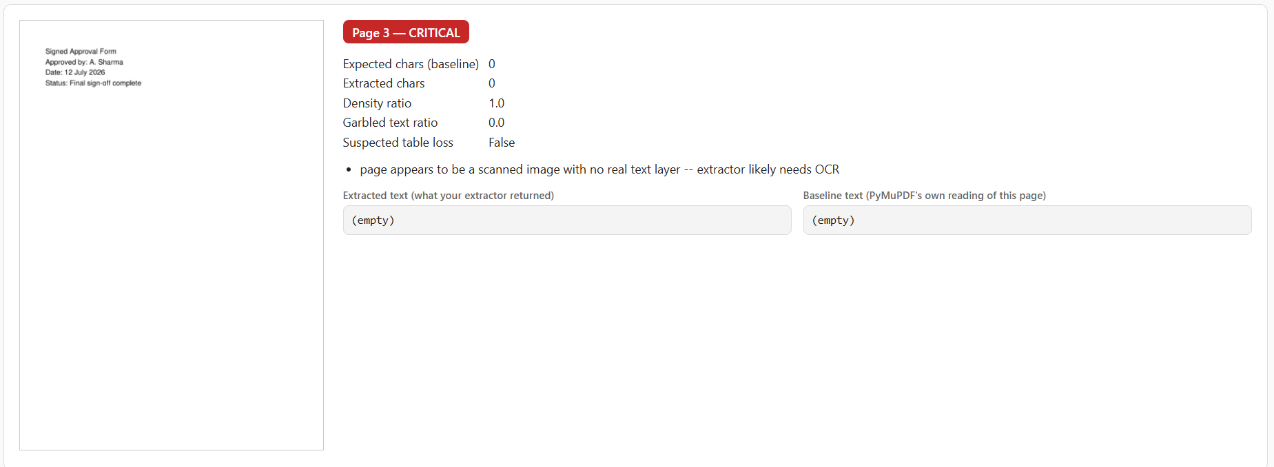 Flagged page with text comparison