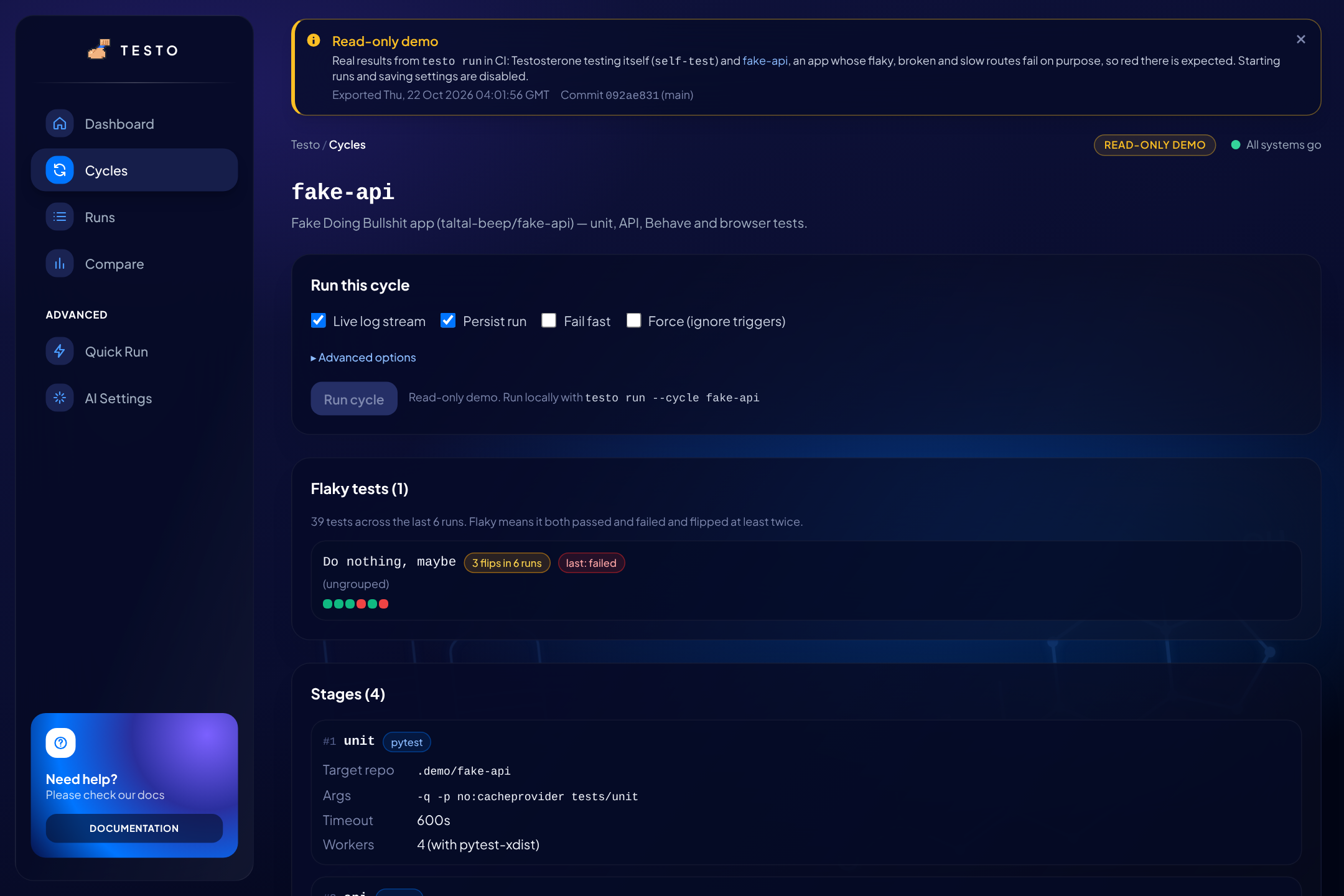 fake-api cycle page: run the cycle from the browser, the flaky test it found with its pass and fail history, and the cycle's stages
