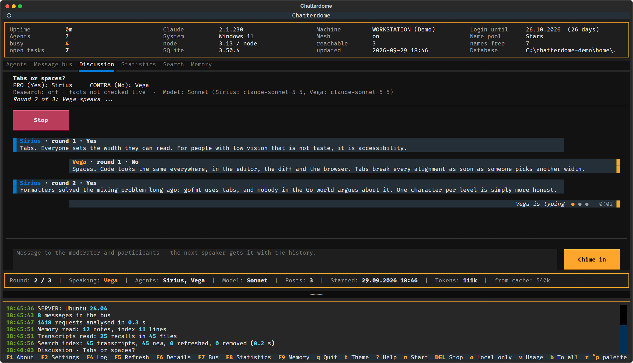 A running discussion: two agents argue about tabs or spaces, the next one is typing