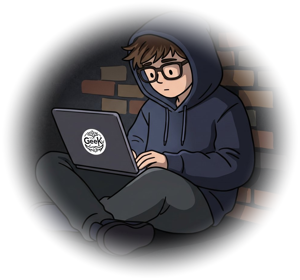 A geek in a hoodie sitting against a brick wall with a laptop on their legs and a myGeeKy sticker on the lid, the background fading away around them