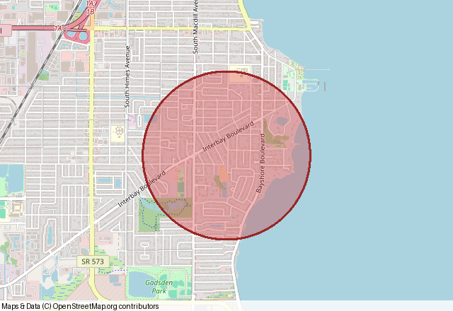 A one-kilometer radius rendered on a real map