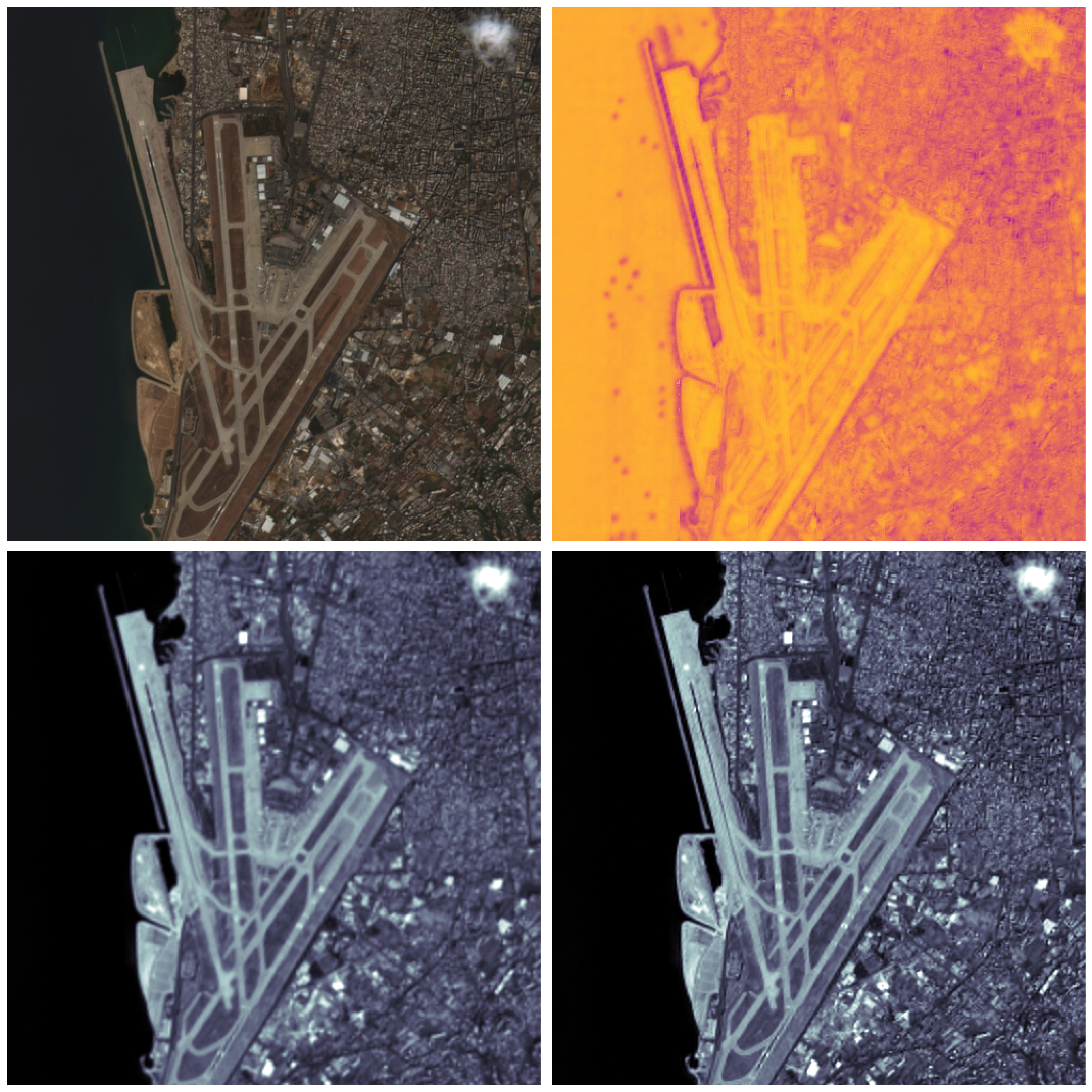 Super-sampled band 12 Zoomed 2. TOPLEFT: RGB, TOPRIGHT: CONFIDENCE, BOTLEFT: UNSHARP, BOTRIGHT:SHARP