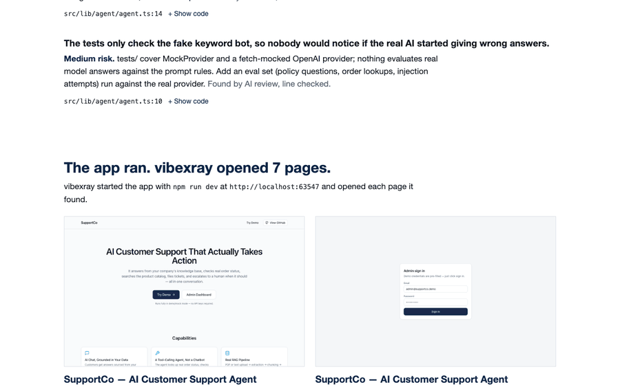 The app section shows screenshots of seven pages, each with its buttons, inputs, and browser errors.