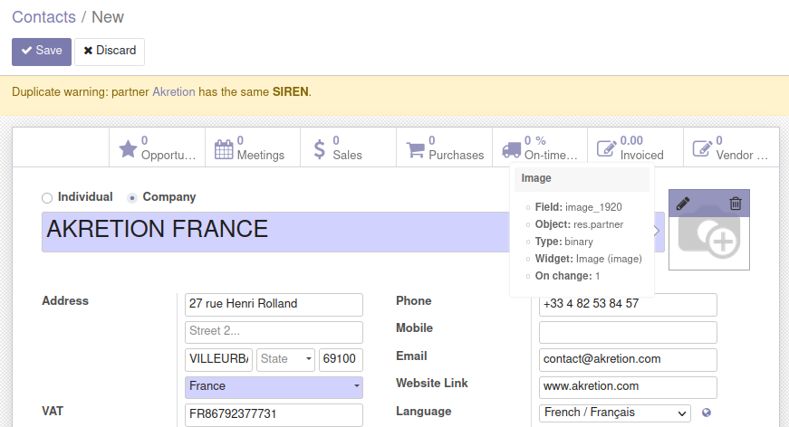 Partner form view with warning banner