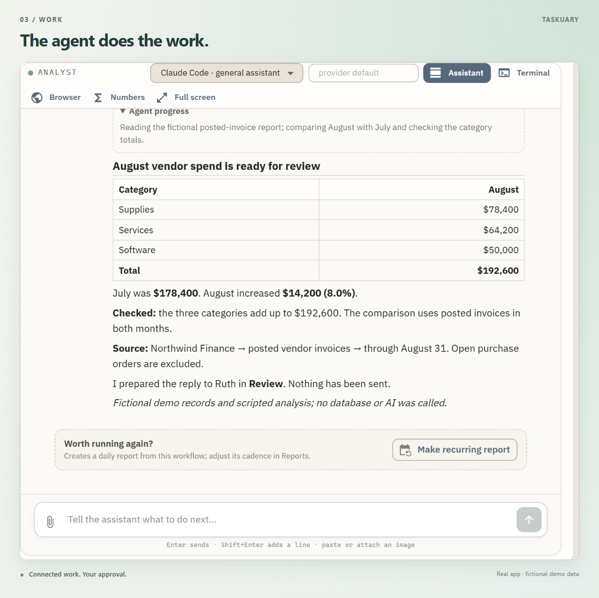The general agent's completed vendor spend analysis, with category totals, comparison, and source.