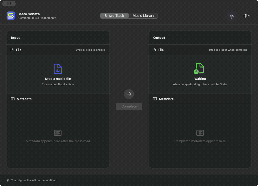 Meta Sonata macOS app completing a music file