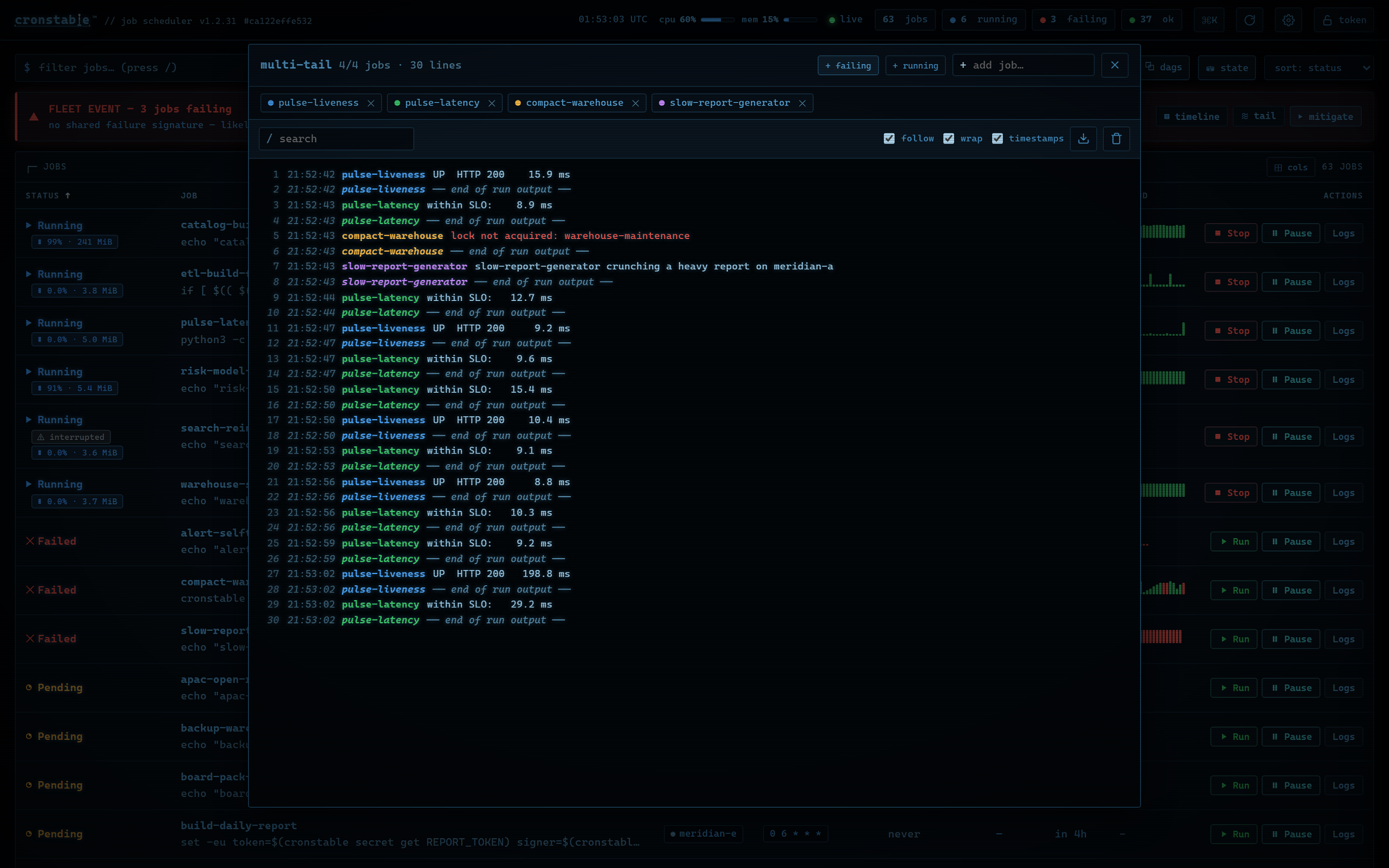 The multi-tail console merging four jobs' live logs with identity colors and end-of-run markers