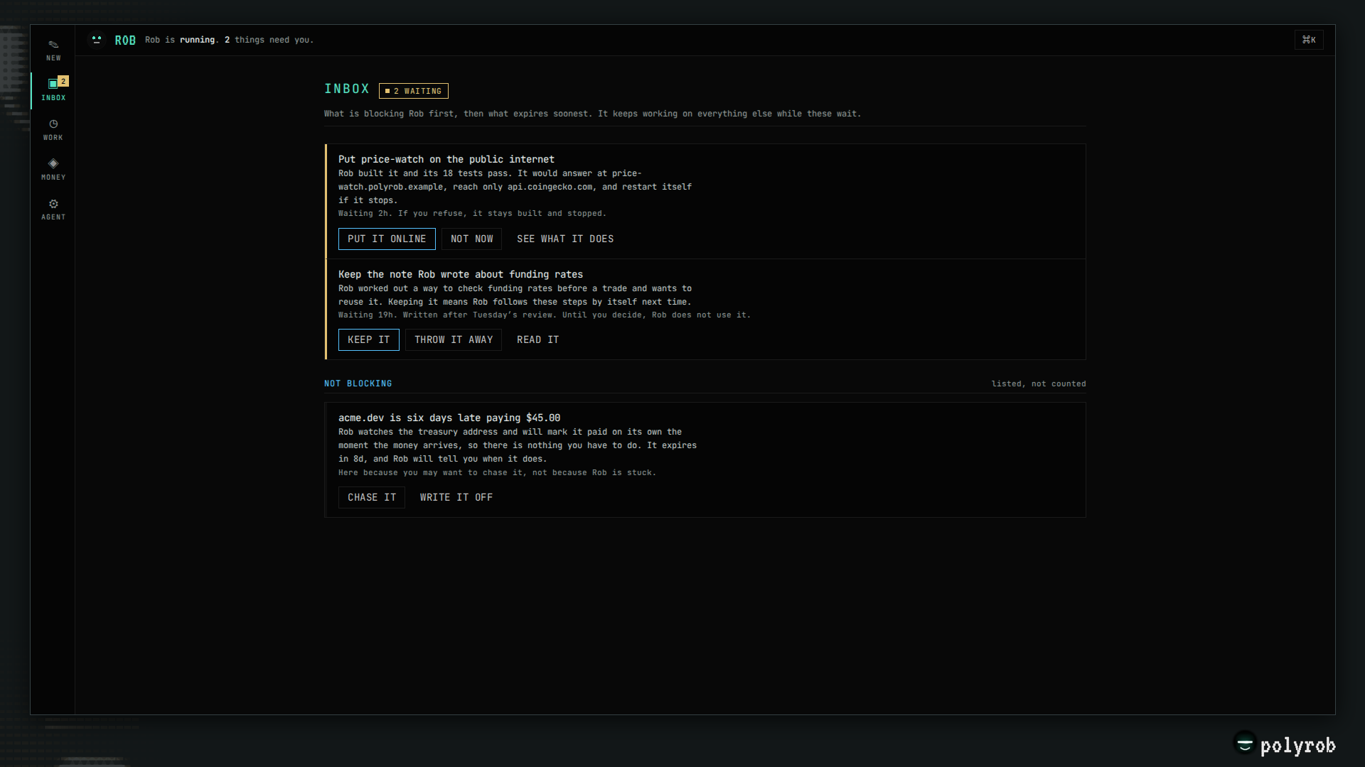 POLYROB Inbox showing owner decisions and non-blocking follow-ups