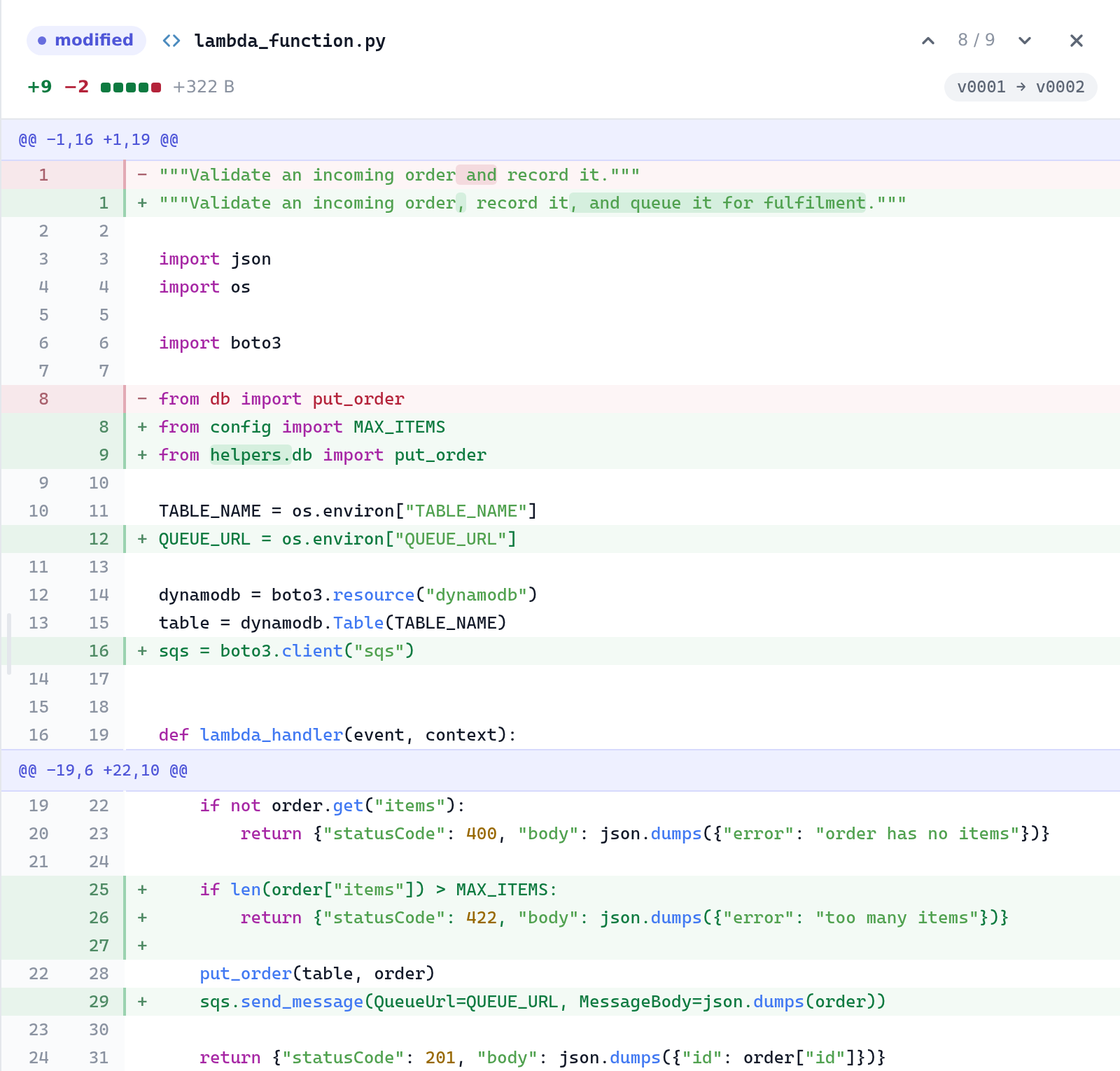 A file's diff in the HTML report: lambda_function.py, with removed and added lines, word-level highlights and syntax colouring