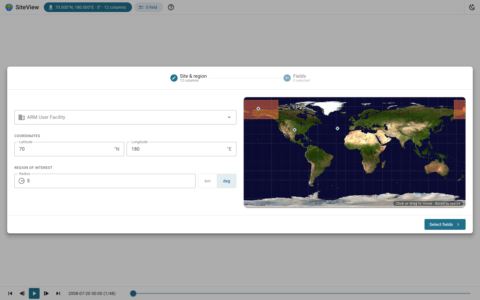 Site and region selection step of e3sm-siteview